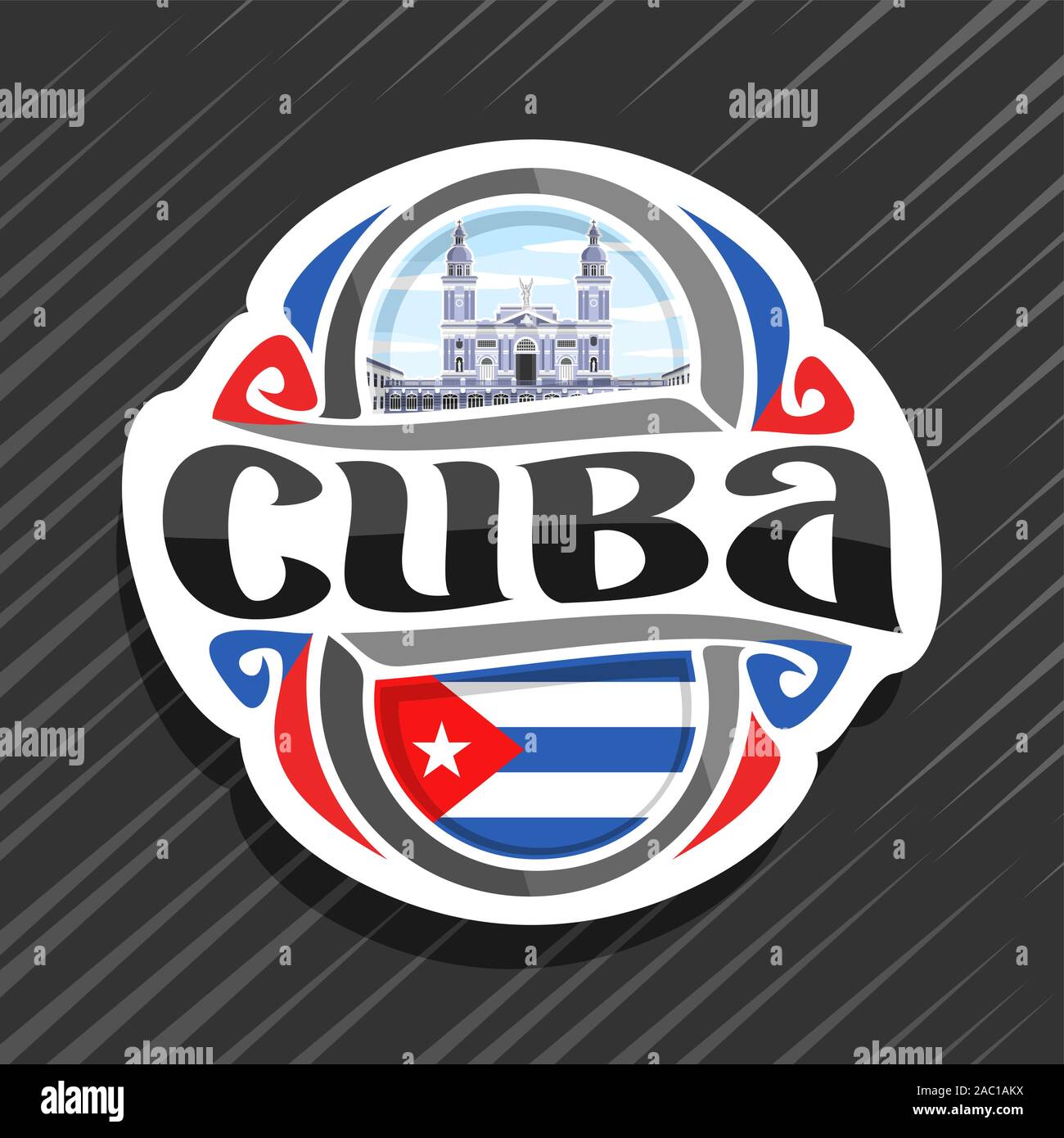 Vektor logo für Kuba Land, Kühlschrank Magnet mit kubanischen Staat Flagge, original brush Schrift für Wort Kuba und die kubanische Symbol - Kathedrale Sant Stock Vektor