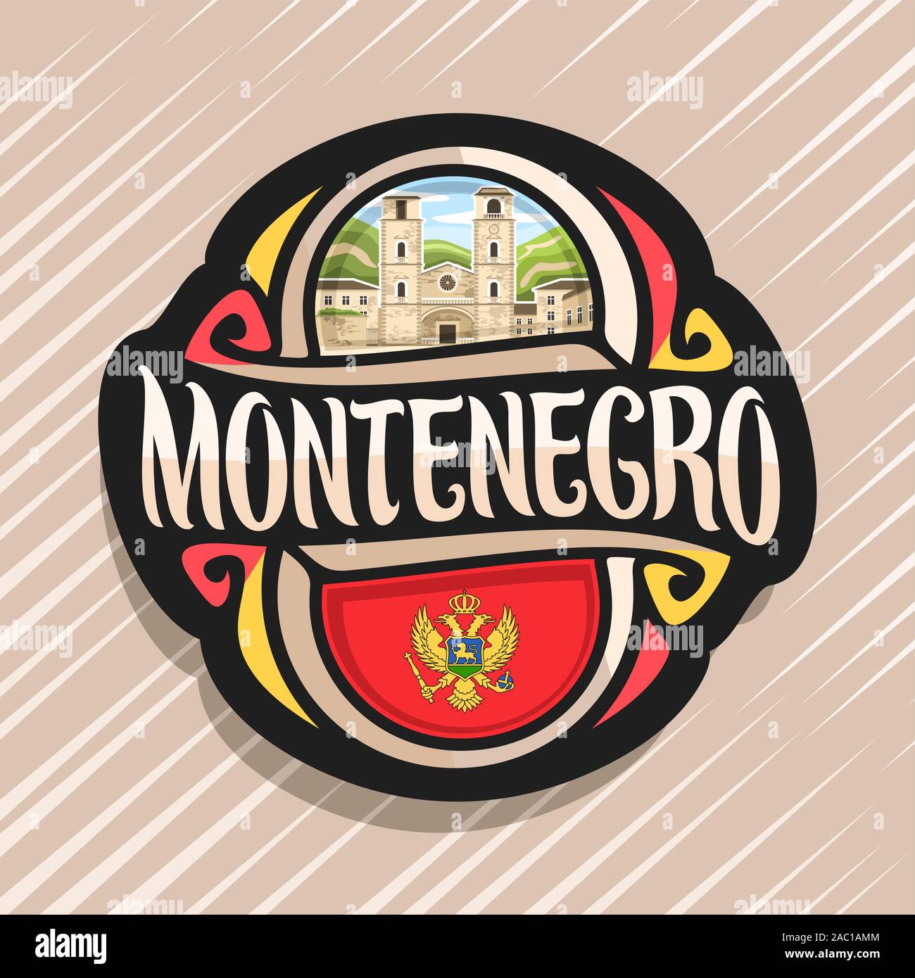 Vektor logo für Montenegro, Kühlschrank Magnet mit montenegrinische Flagge, original brush Schrift für Wort Montenegro, nationalen montenegrinischen Symbol - Dom Stock Vektor