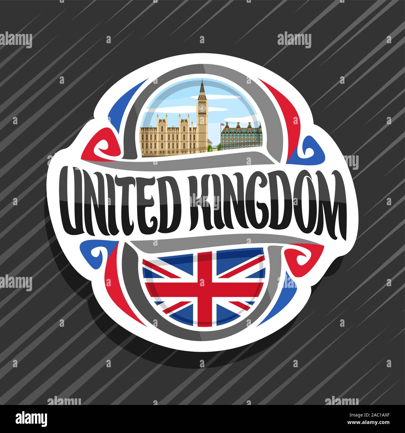 Vektor Logo für das Vereinigte Königreich, Kühlschrank Magnet mit Union Jack State Flag, original brush Schrift für Wort Großbritannien, nationales Symbol der Großen Br Stock Vektor