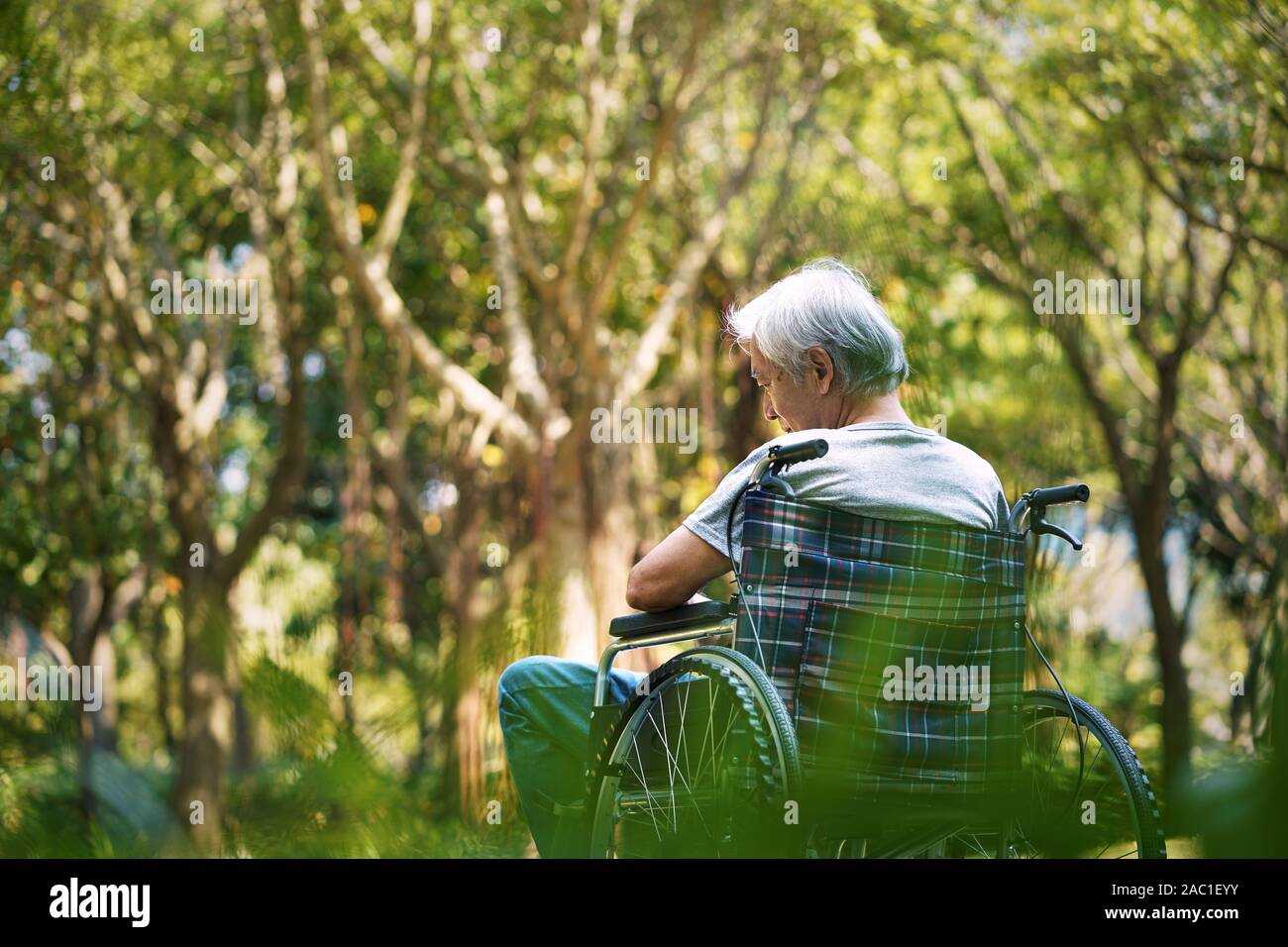 Ansicht der Rückseite des asiatischen alte Mann sitzt im Rollstuhl, mit dem Kopf nach unten schaut traurig und deprimiert Stockfoto