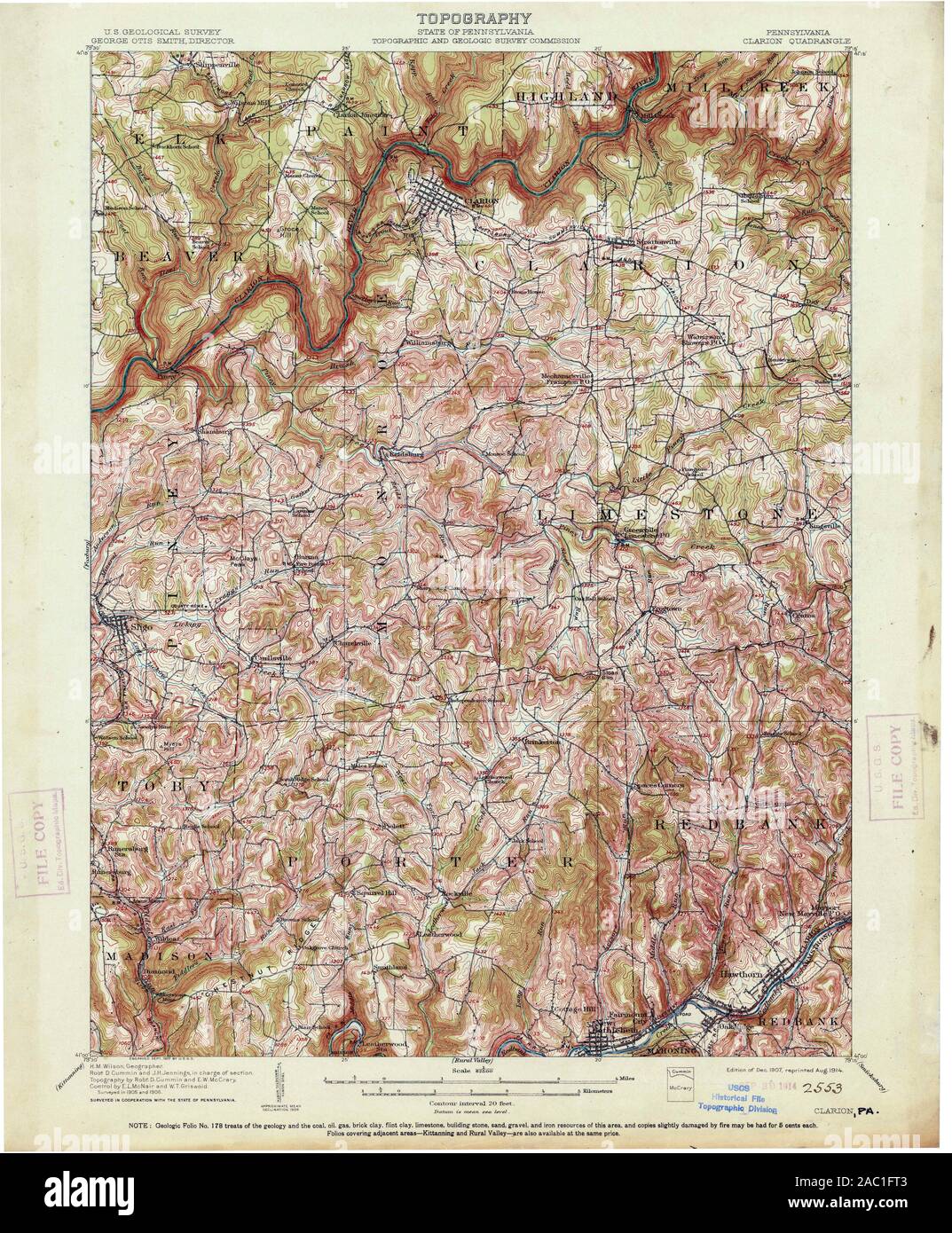 USGS TOPO Karte Pennsylvania PA Clarion 167689 1907 62.500 Wiederherstellung Stockfoto