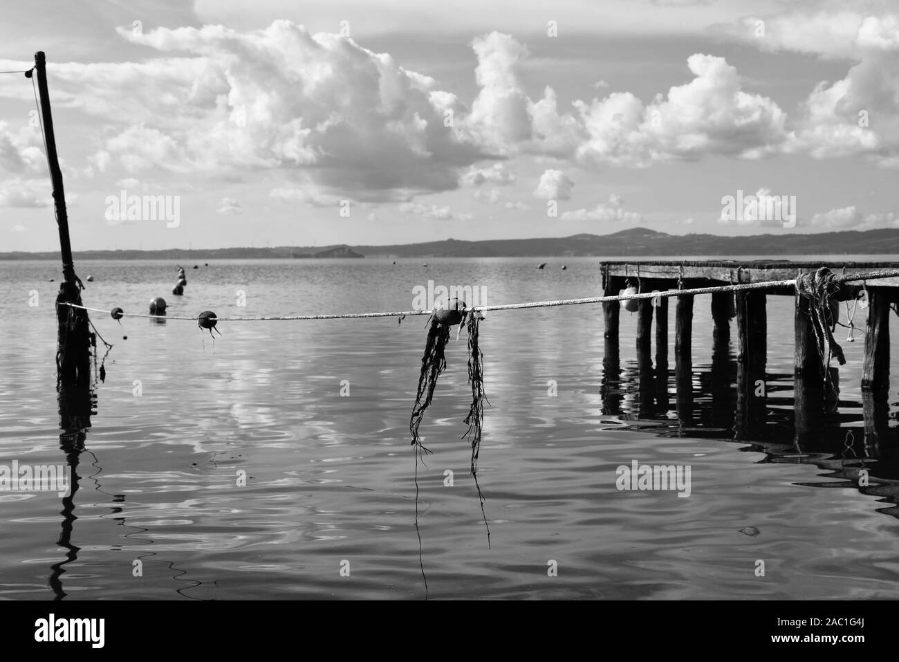 Hölzerne Anlegesteg für Boote vor blauem Himmel mit einigen Wolken. Bojen und Fischernetze. Hügeln im Hintergrund. Bolsena See, Italien. Stockfoto