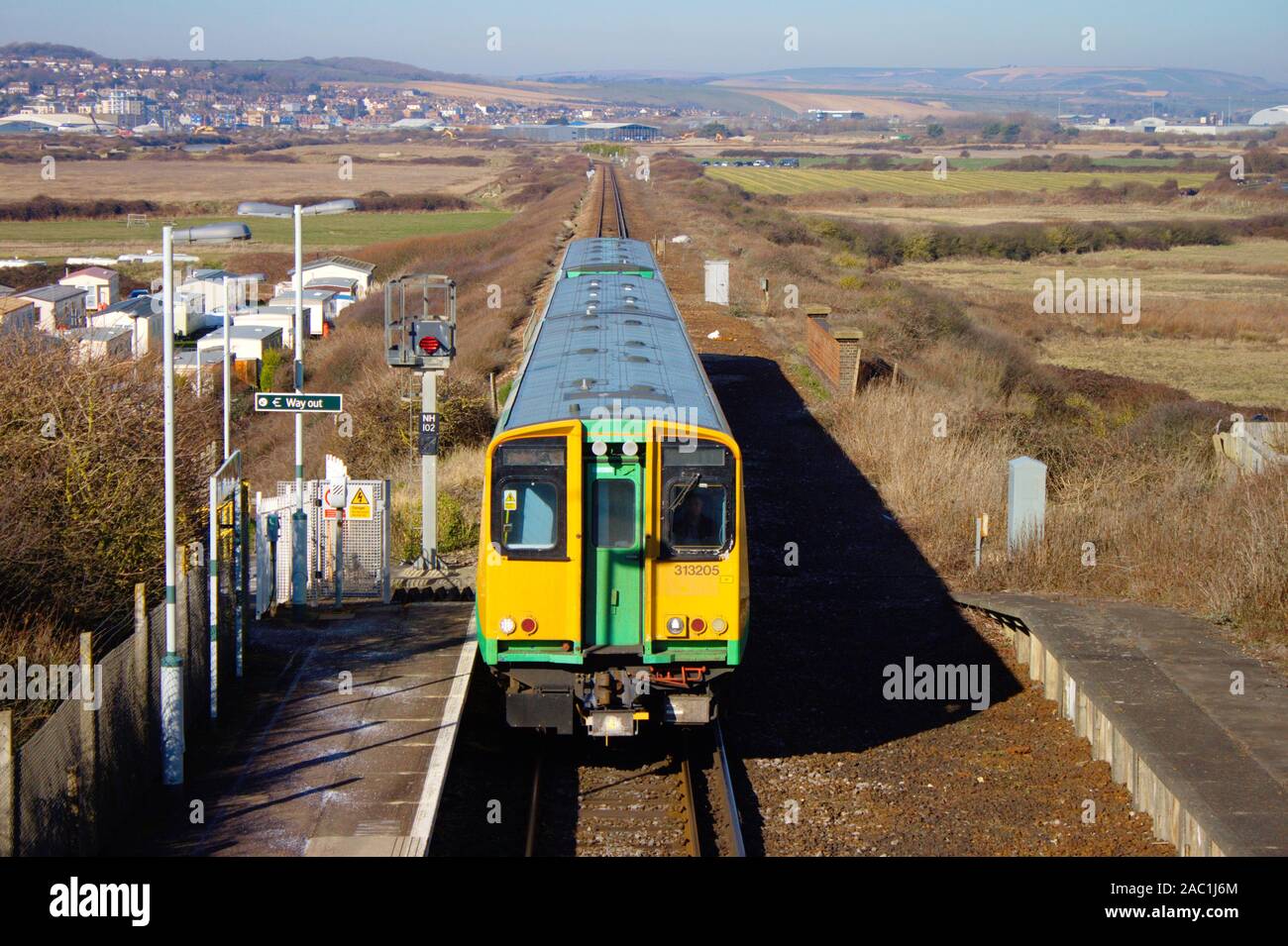 Zug Bishopstone station. Southern Railway von Seaford nach Brighton. UK. Stockfoto