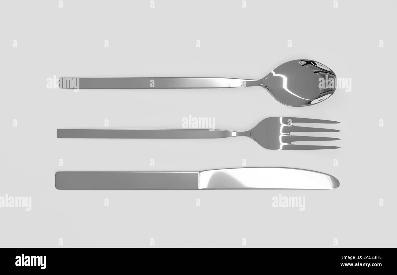 Gabel, Löffel und Messer auf weißem Hintergrund 3 isolierte d-render Abbildung Stockfoto