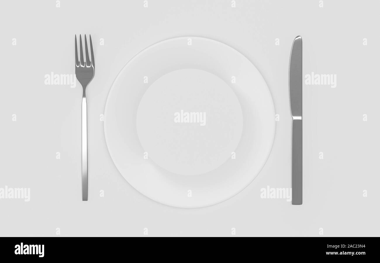Leeren Teller, Messer und Gabel - über Weiß 3d-render Abbildung isoliert Stockfoto