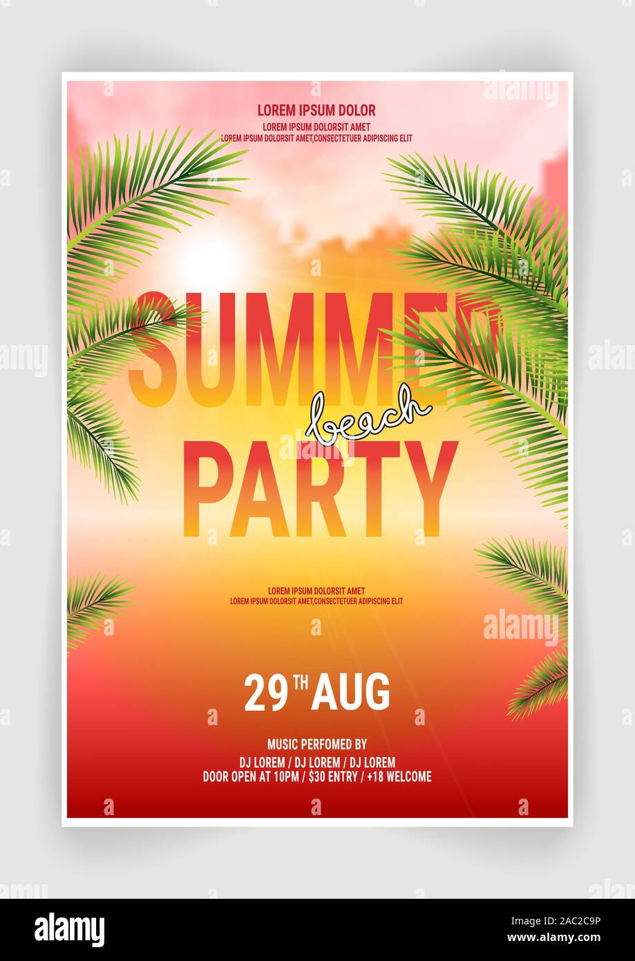 Sommer Beach Party Flyer Design Mit Typografische Gestaltung Auf Natur Hintergrund Mit Palmen