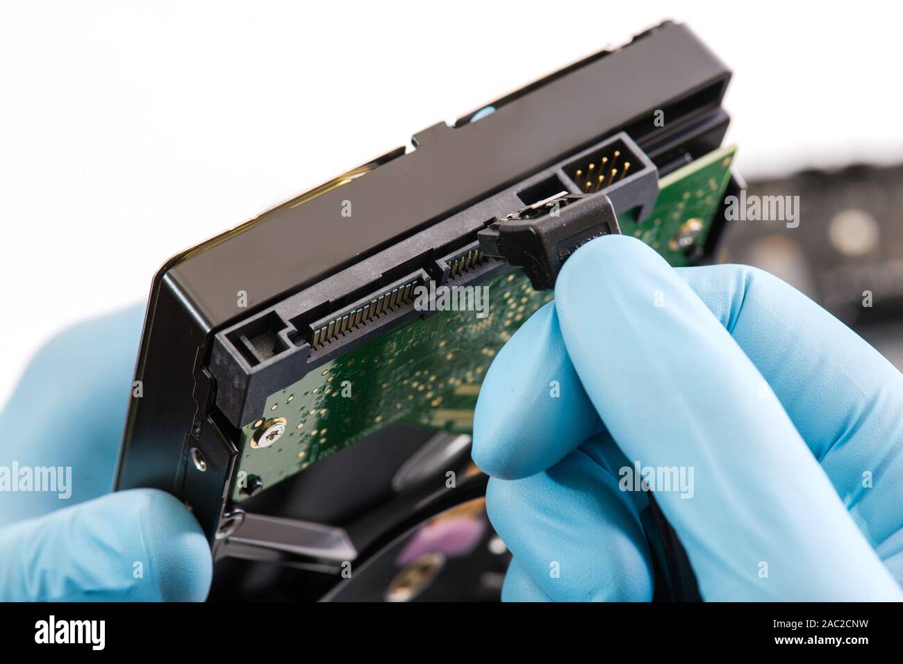 Schließen Sie die Festplatte an den Computer an. Close-up. weißen Hintergrund. Stockfoto