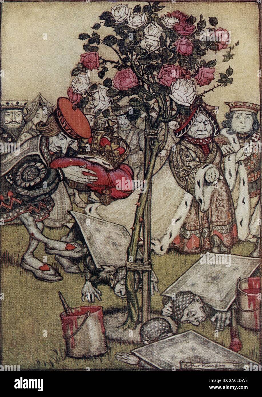 Arthur Rackham der Illustration für die Ausgabe 1907 von Alice im Wunderland von Lewis Carrol - "Die Königin wandte sich wütend weg von Himand sagte zu den Bube, "Schalten Sie über'' Stockfoto