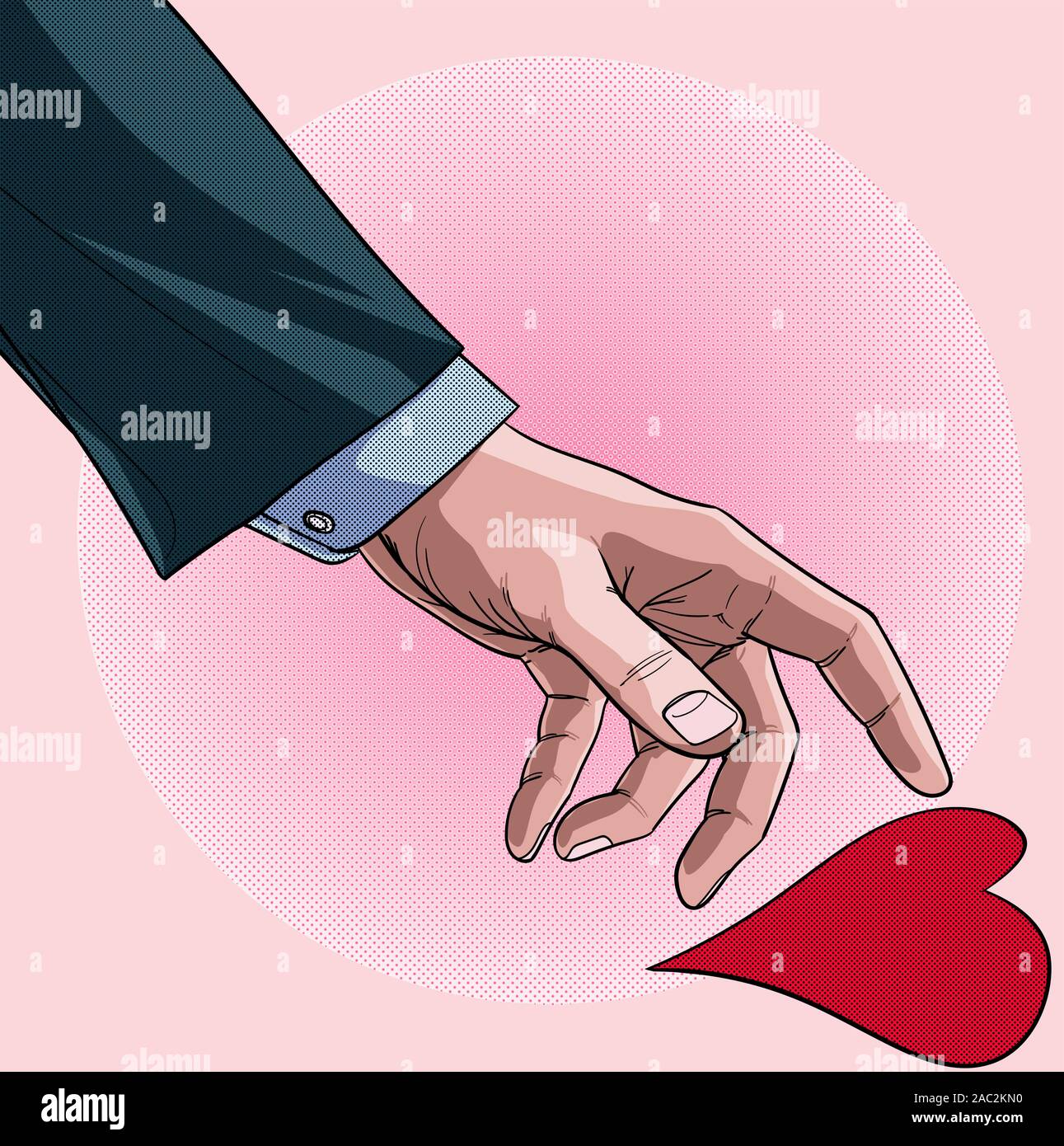 Ein Mann mit einer Klage, die eine herzförmige Papier Valentinstag Karte Illustration Vektor auf Pop Art Comic Stil Abstract dot Stock Vektor