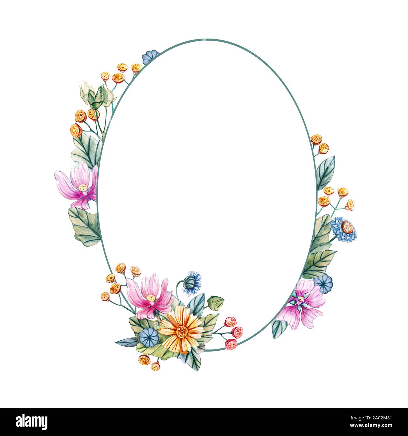 Florale abgerundeten Rahmen von Aquarell Wildblumen. Es ist ein Platz für Text. Blumen auf einem weißen Hintergrund. Vorlage für Hochzeit Einladungen und Karten. Stockfoto