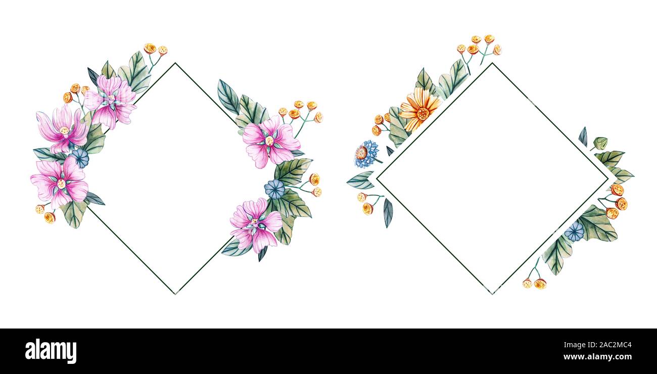 Florale square Frames von Aquarell Wildblumen. Es ist ein Platz für Text. Blumen auf einem weißen Hintergrund. Die Form eines Diamanten. Vorlage für Hochzeit Stockfoto