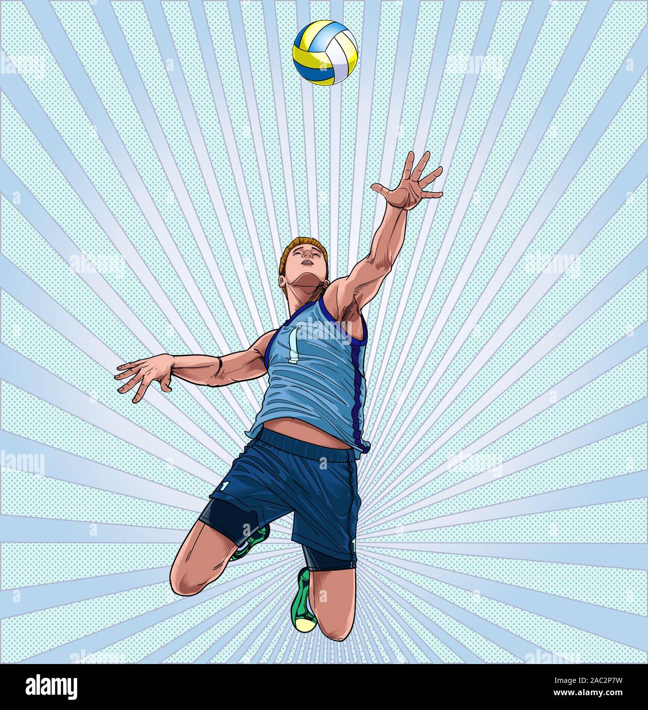 Ein Mann spielt Volleyball hoch wie Point Illustration Vektor auf Pop Art Comic Stil Abstract zu springen Dot Stock Vektor