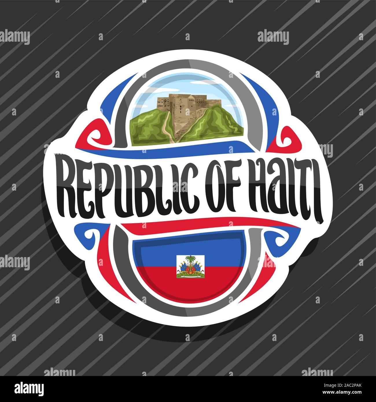 Vektor Logo für die Republik Haiti, Kühlschrank Magnet mit haitianischen Staat Flagge, original brush Schrift für Wort Republik Haiti und nationalen haitianischen Symb Stock Vektor