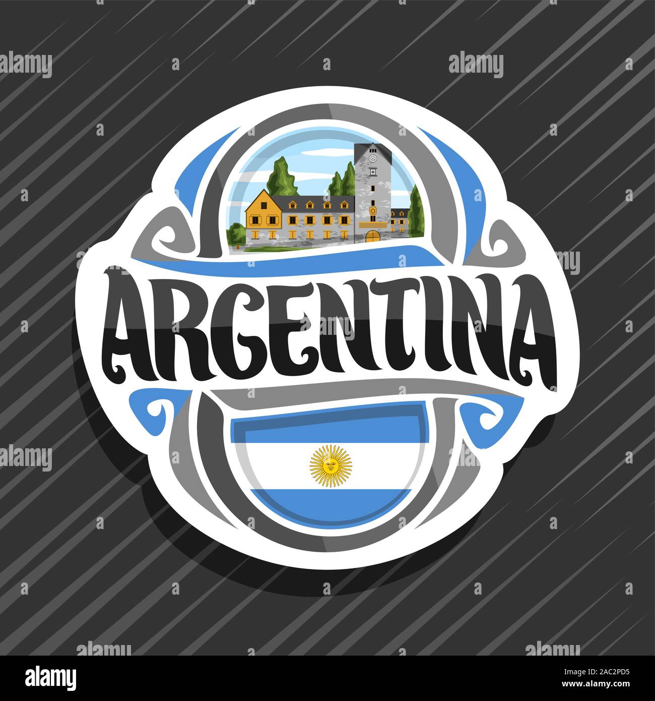 Vektor Logo für die Republik Argentinien, Kühlschrank Magnet mit argentinischer Flagge, original brush Schrift für Wort Argentinien, Argentinisches Symbol - civic Cen Stock Vektor