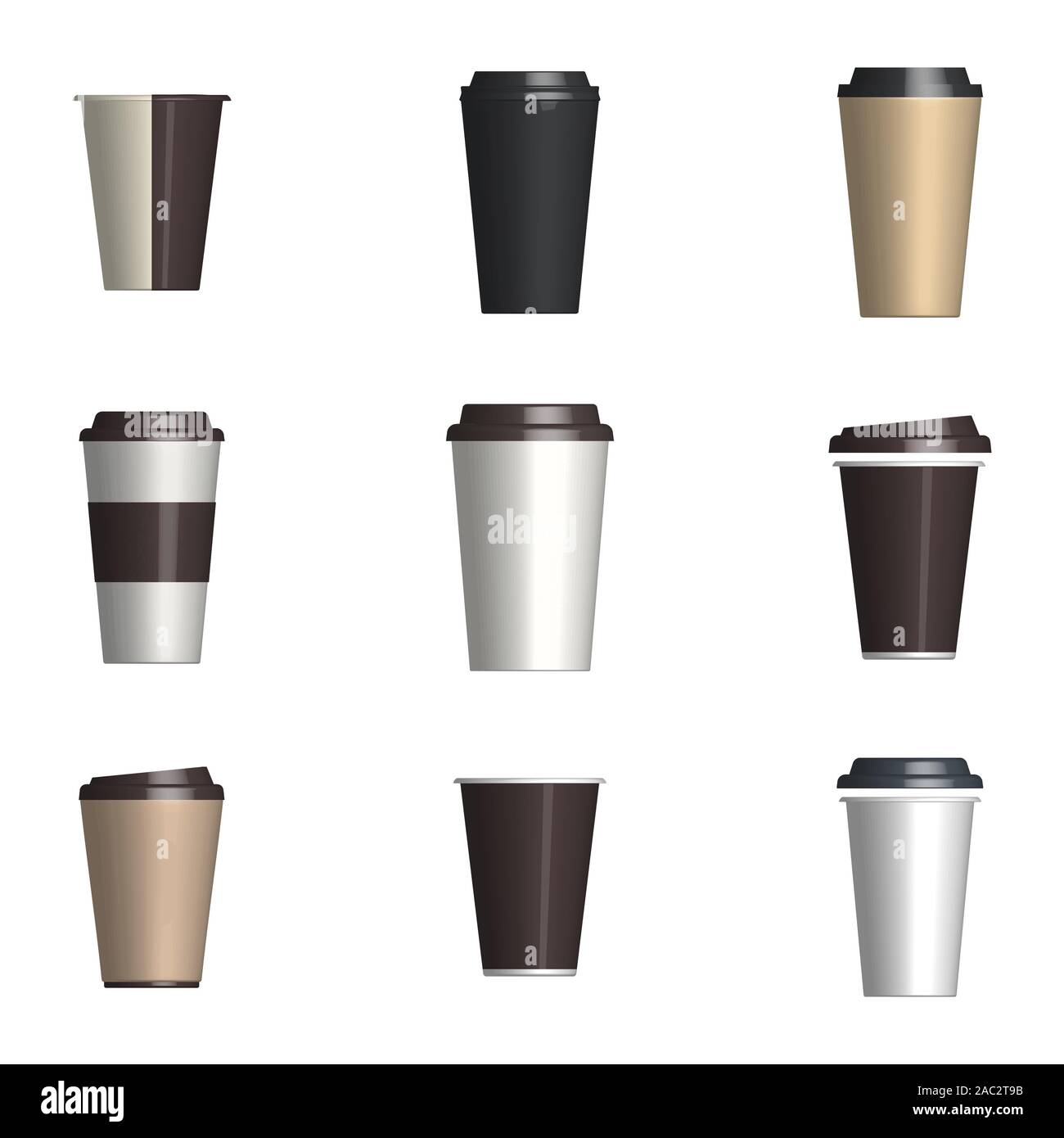 Satz von Kunststoff und Papier Kaffeetassen in verschiedenen Formen auf einem weißen Hintergrund. Vorderansicht, Vector Illustration. Stock Vektor