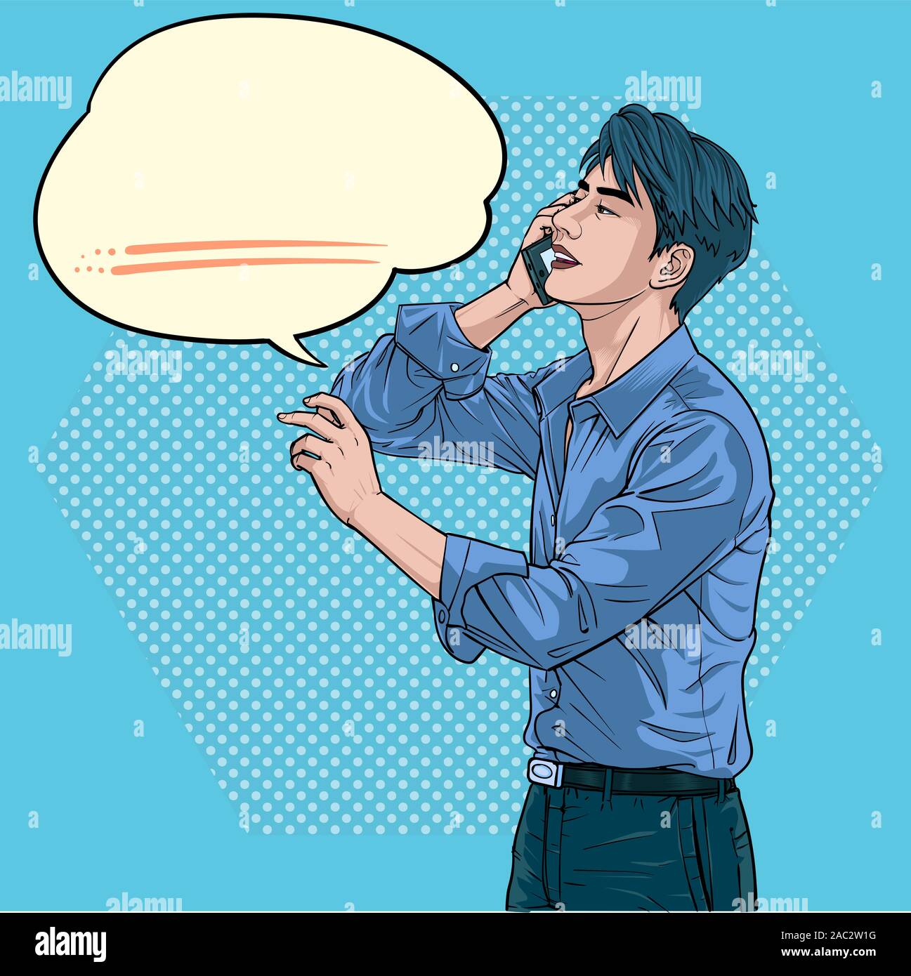 Ein Mann, der spricht, und auf einem Mobiltelefon Geschäftsleute Illustration Vektor auf Pop Art Comic Stil abstrakt ist Dot bunten Hintergrund Stock Vektor