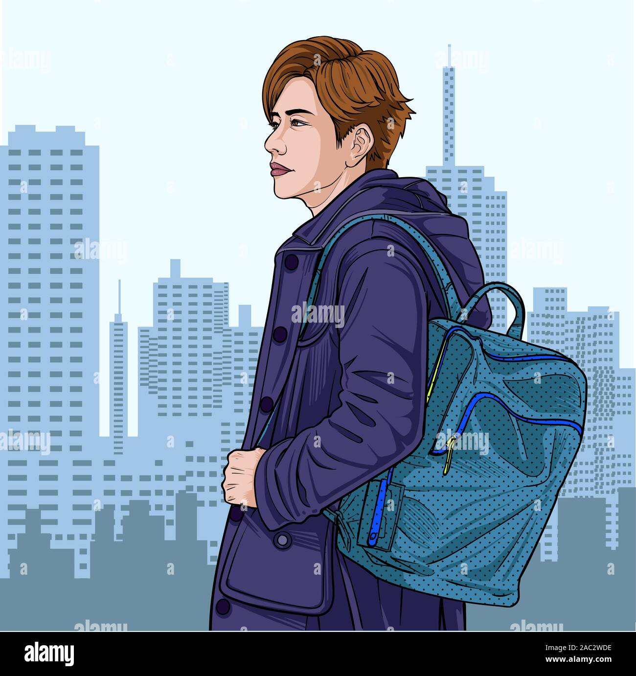 Ein Mann, der einen Gepäck ins Ausland zu gehen, stehen Illustration Vektor auf Pop Art Comic Stil bunte Stadt Hintergrund Stock Vektor