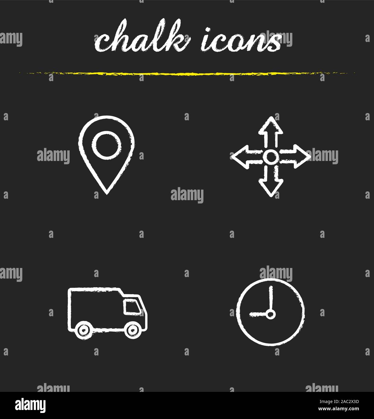 Lieferservice chalk Symbole gesetzt. Karte lokalisieren, Transport Lkw, Zeit und Lieferung Symbole. Isolierte vektor Tafel Abbildungen Stock Vektor