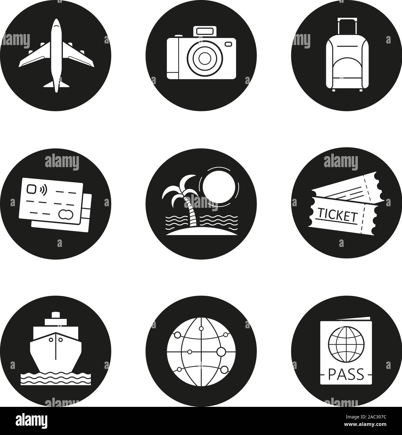 Urlaub und Reisen Symbole gesetzt. Kreditkarten, Tropical Island, Globus, Kreuzfahrtschiff, Reisepass, Flug, Foto, Kamera, Koffer und Tickets. Vecto Stock Vektor