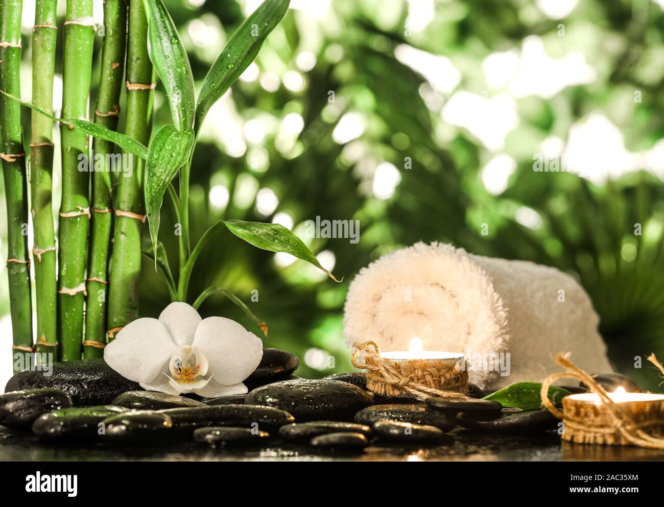 Grean Bambus Blätter, weiße Orchidee, Handtuch und Kerzen über schwarzen  zen Steine auf tropische Blätter Hintergrund Stockfotografie - Alamy