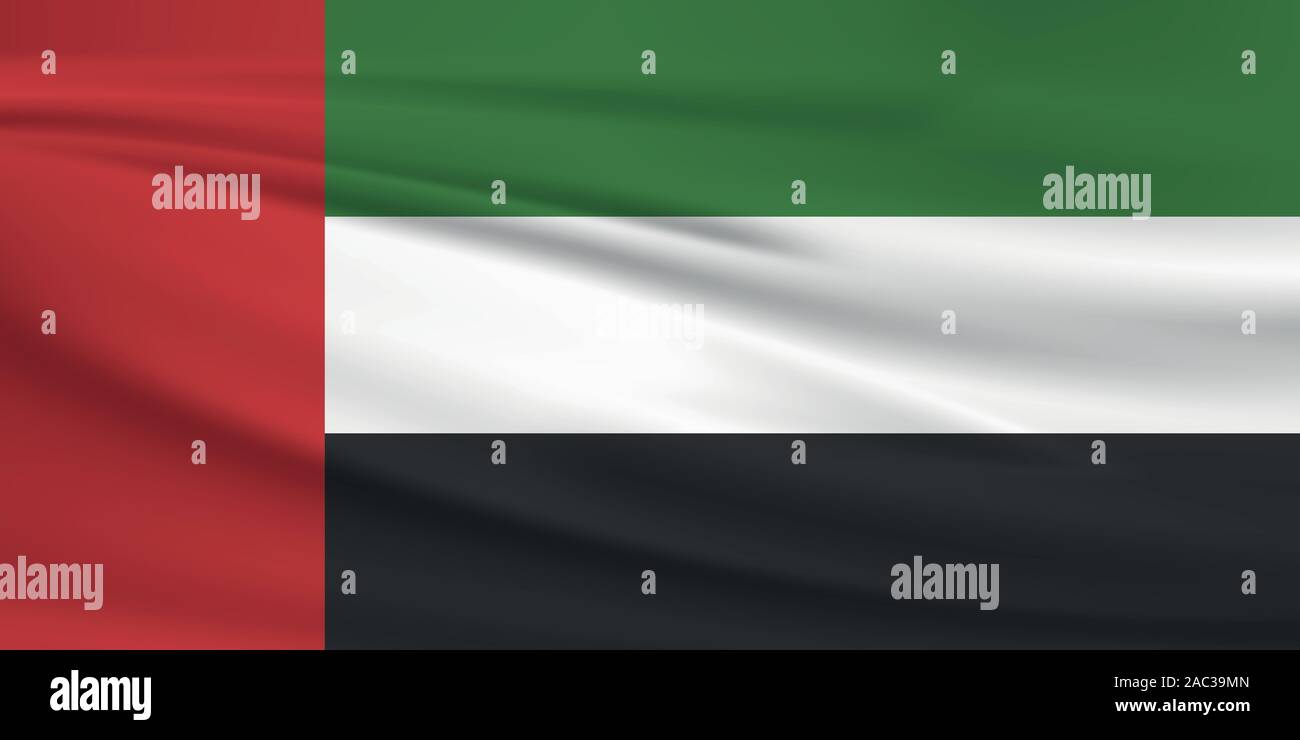Wehende Flagge der Vereinigten Arabischen Emirate, offizielle Farben und Verhältnis zu korrigieren. Vereinigte Arabische Emirate Landesflagge. Vector Illustration. Stock Vektor