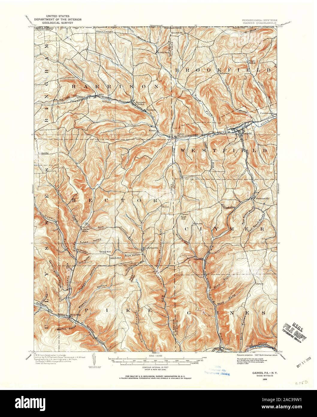 USGS TOPO Karte Pennsylvania PA Gaines 170755 1899 62.500 Wiederherstellung Stockfoto