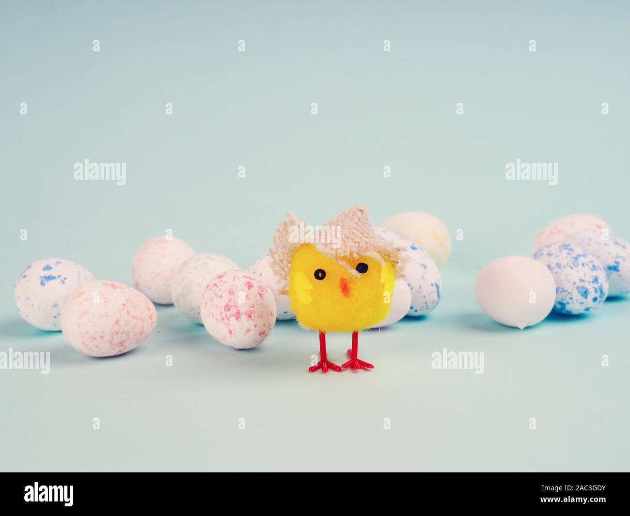 Spielzeug Huhn in Eierschale auf blauem Hintergrund. Osterhintergrund. Ein kleines gelbes Huhn Stockfoto