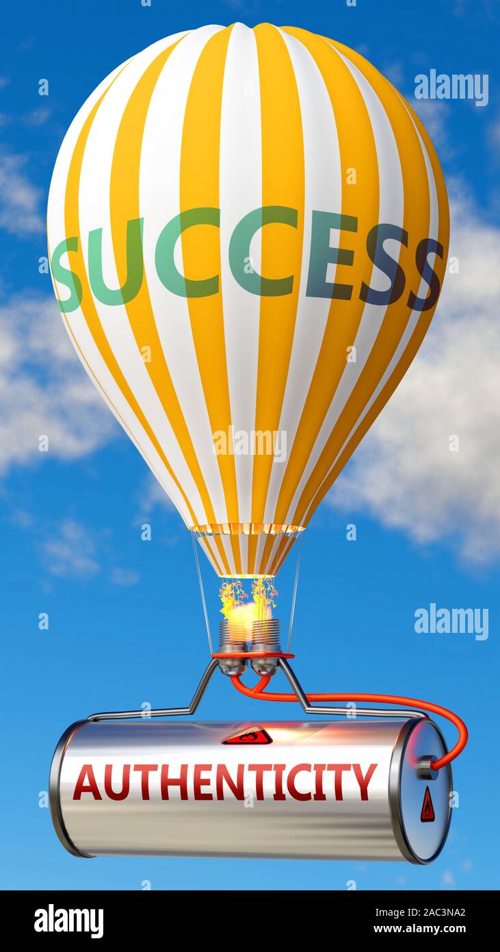 Authentizität und Erfolg - als Wort Authentizität auf dem Tank und ein Ballon angezeigt, um zu symbolisieren, dass Authentizität zum Erfolg im Geschäft tragen ein Stockfoto