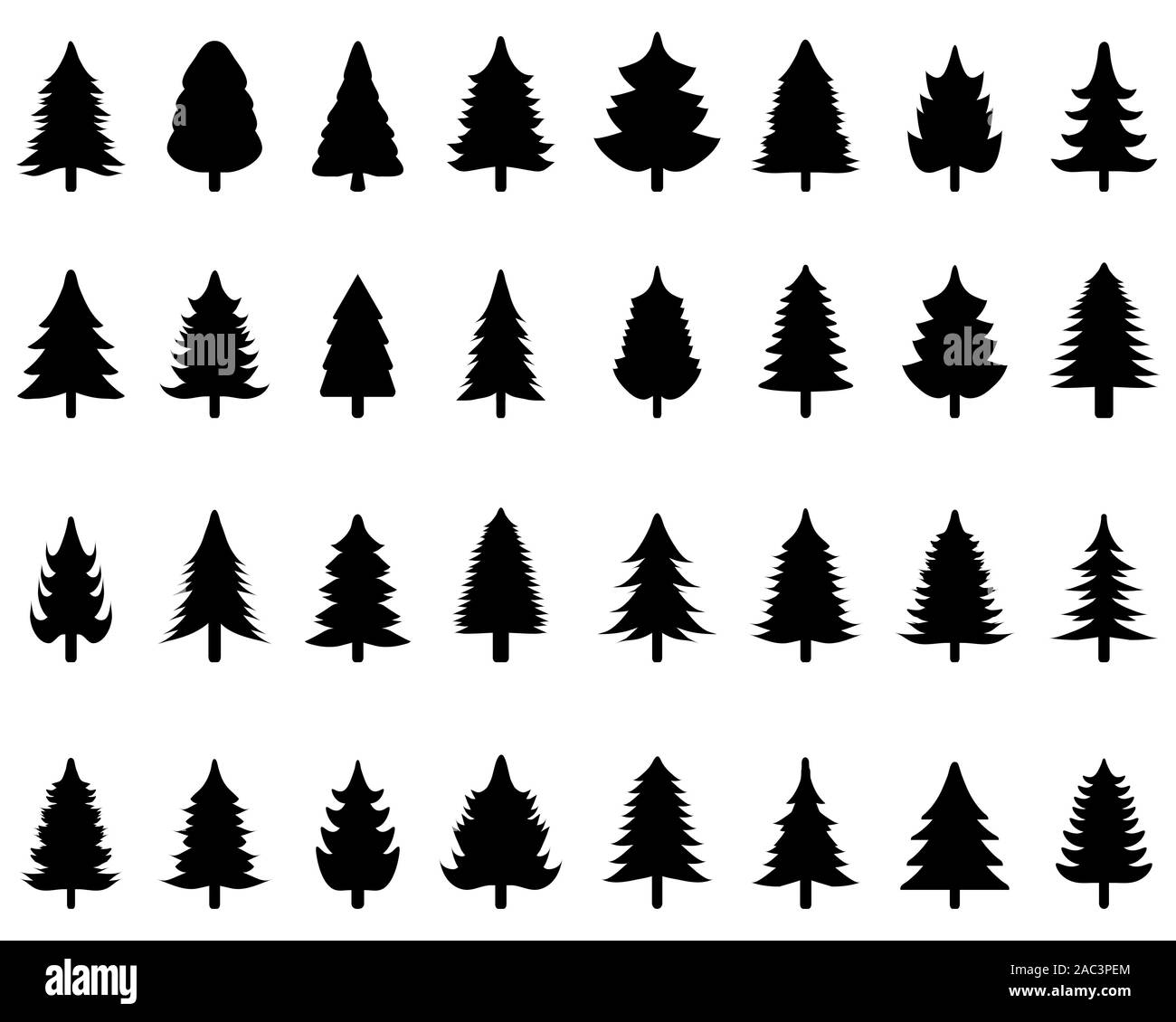 Set von grünen Weihnachtsbäumen auf weißem Hintergrund Stockfoto