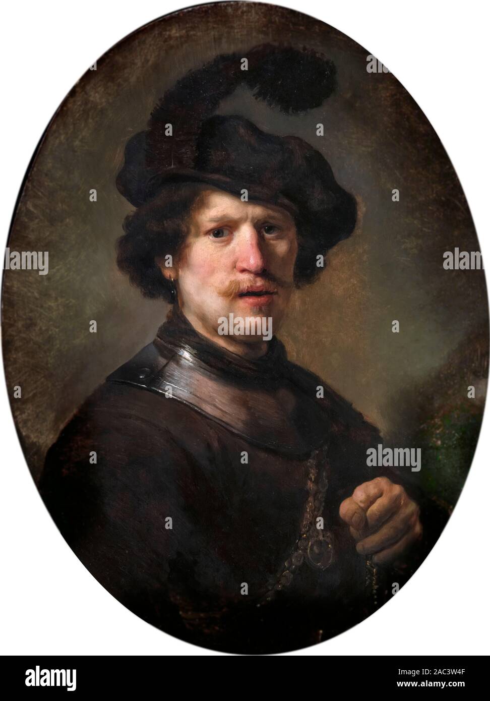 Mann mit einem gefiederten Baskenmütze und Gorget von der Werkstatt von Rembrandt van Rijn (1606-1669), Öl auf Eichenholz, Mitte der 1630er Jahren. Dieses Portrait wurde von Rembrandts Schüler gestrichen und der Sitter ist Rembrandt selbst. Stockfoto
