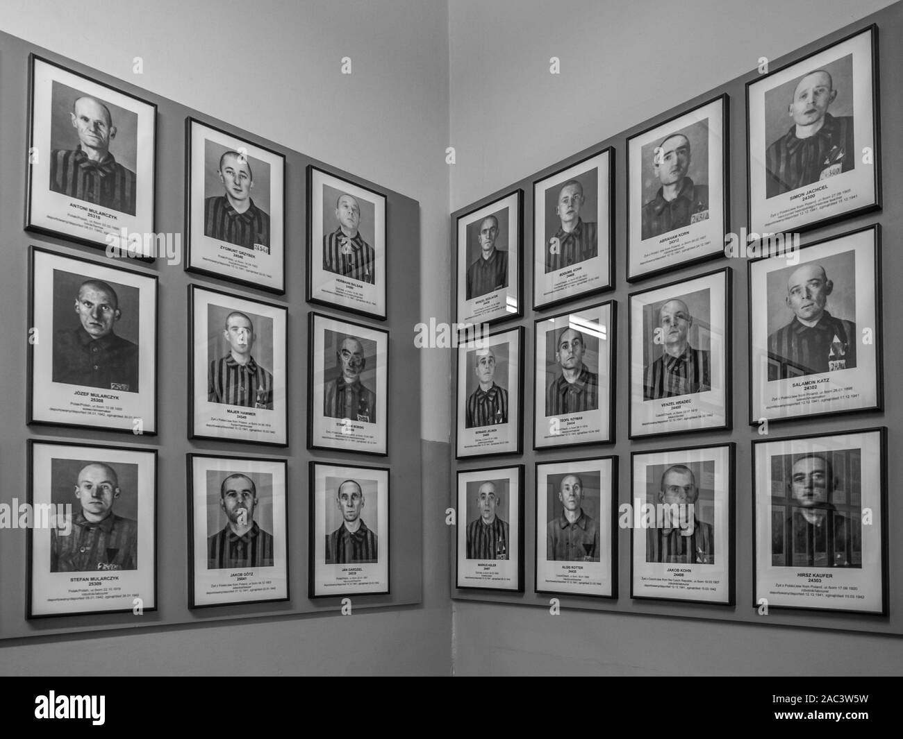 Auschwitz, Oświęcim, Polen - Juni 05, 2019: Fotogalerie von Portrait von Gefangenen in Auschwitz-Birkenau State Museum. Auschwitz Birkenau ns-Konz Stockfoto