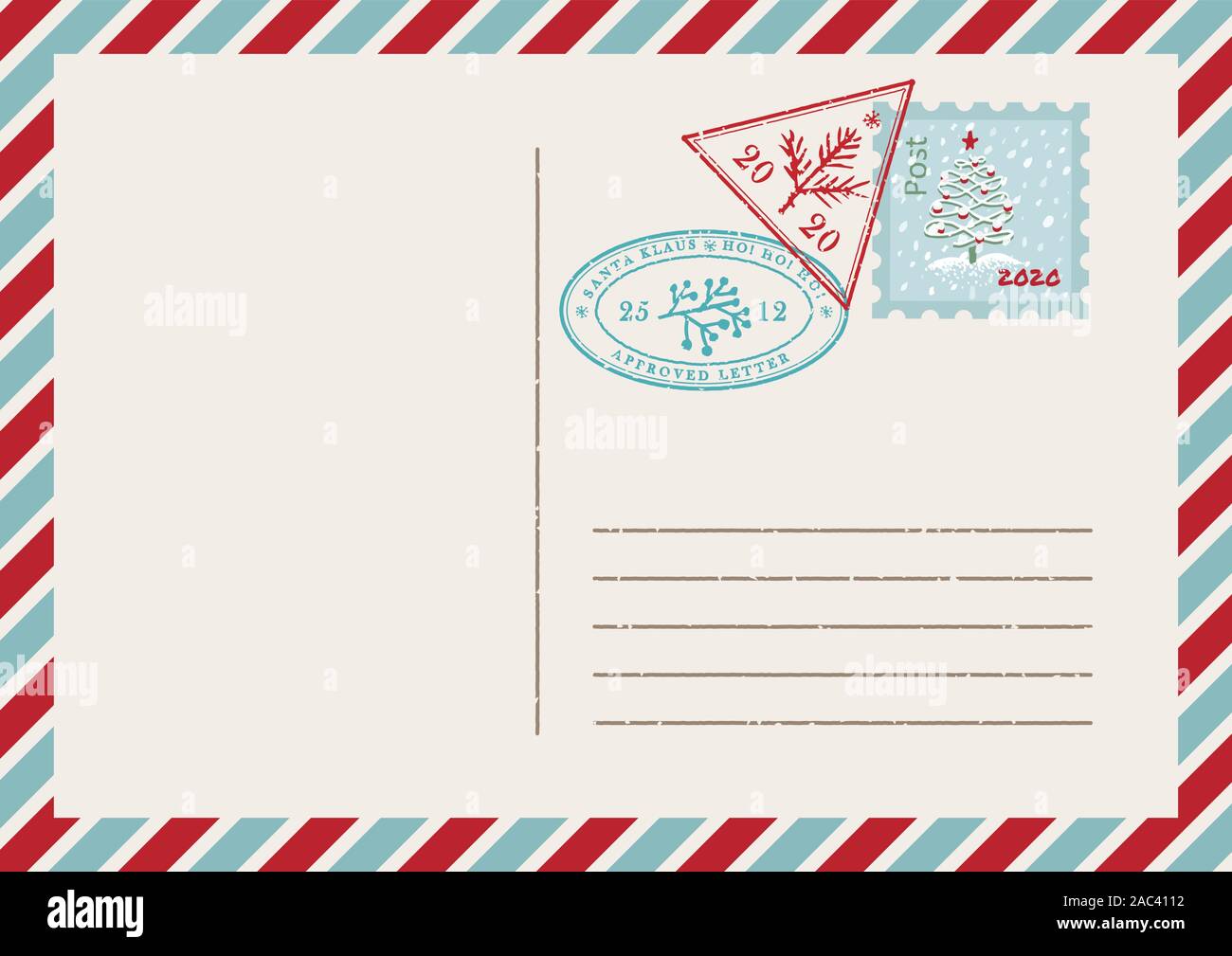 Vorlage von Vintage Air Mail Postkarte und Umschlag. Textur grunge Weihnachten Stempel Gummi mit Urlaub Symbole in traditionellen Farben. Für ihren Ort Stock Vektor