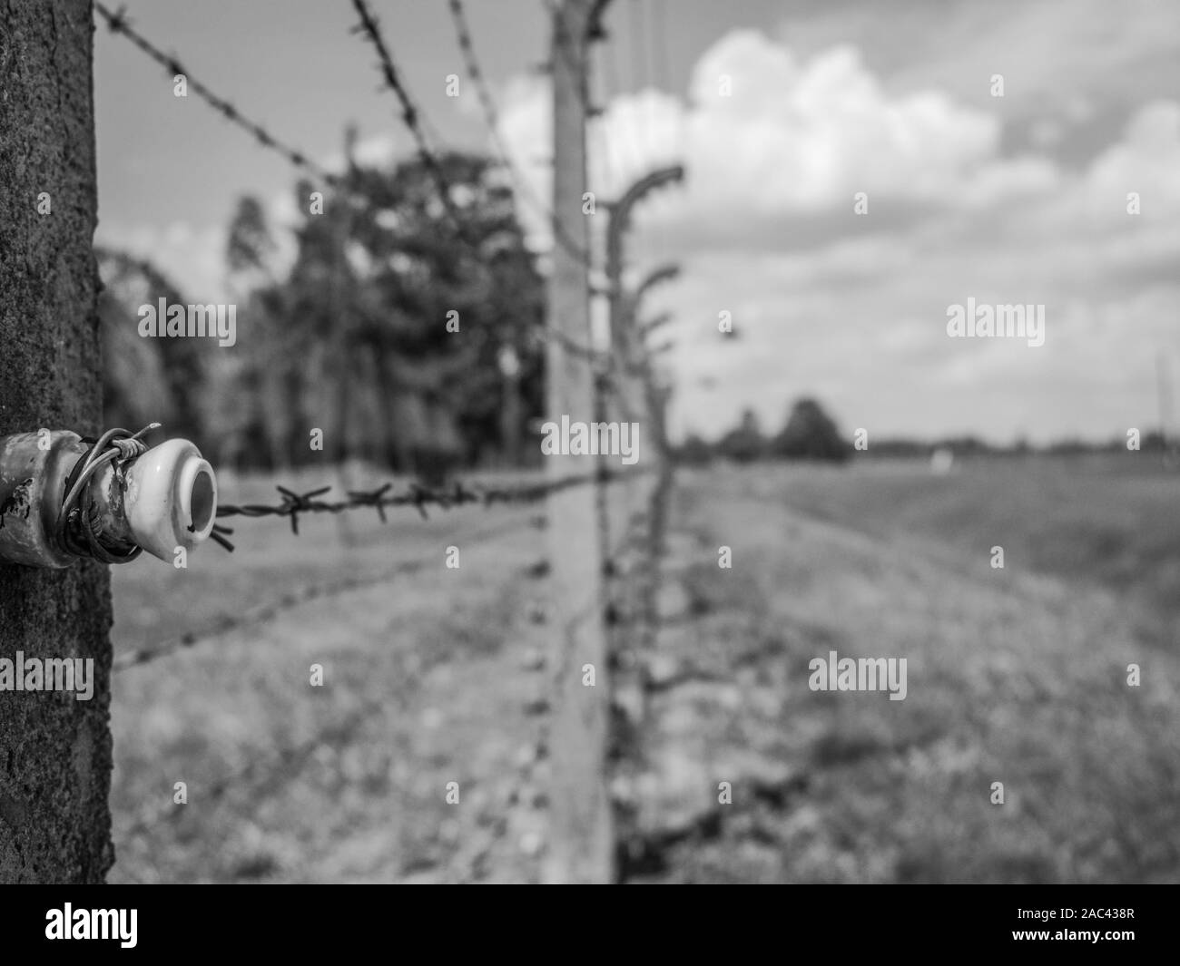 Elektrischen Zaun mit Stacheldraht in KZ Auschwitz-Birkenau in Oswiecim, Polen. Stockfoto