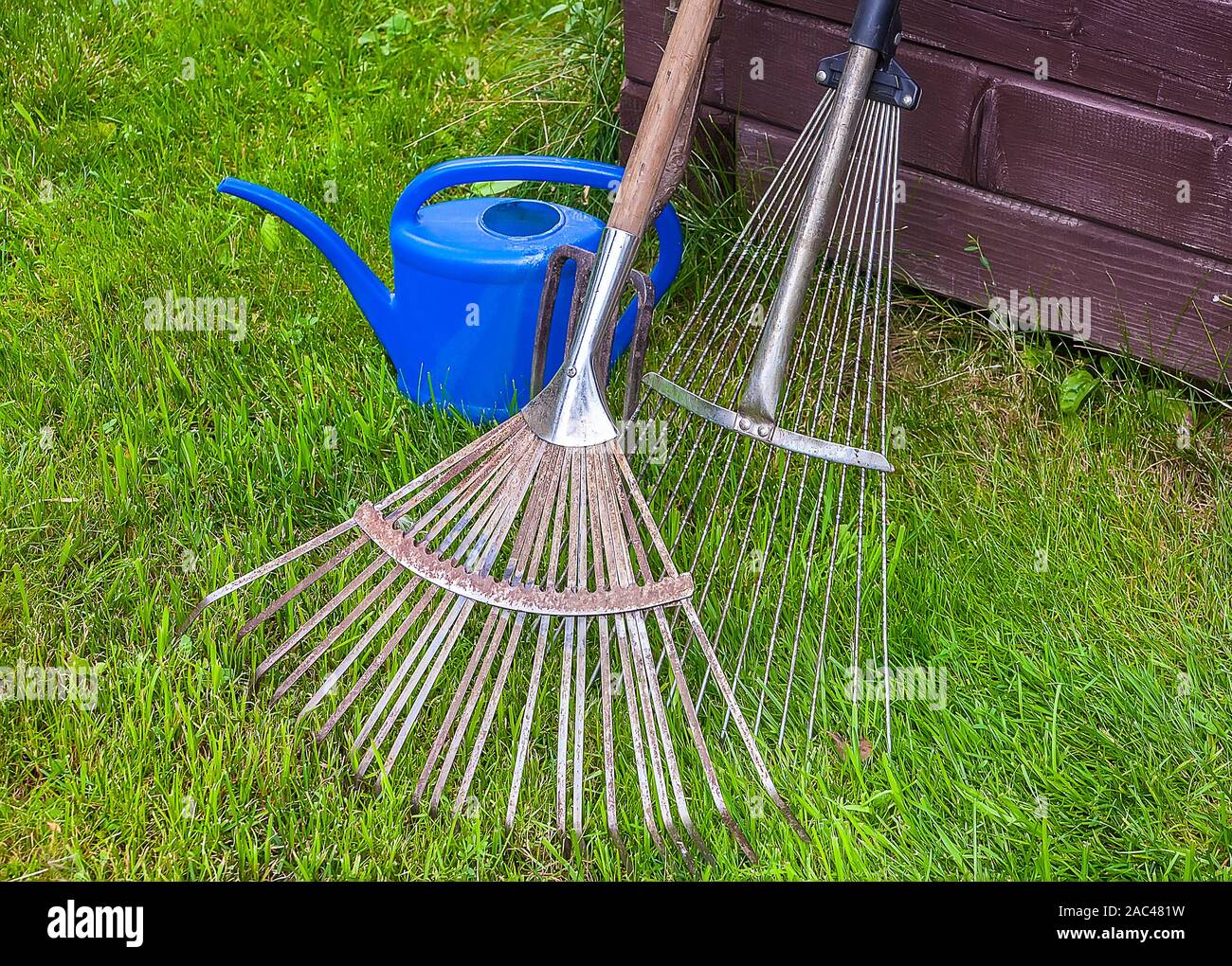 Garten Werkzeuge auf Gras an der hölzernen Wand Stockfoto