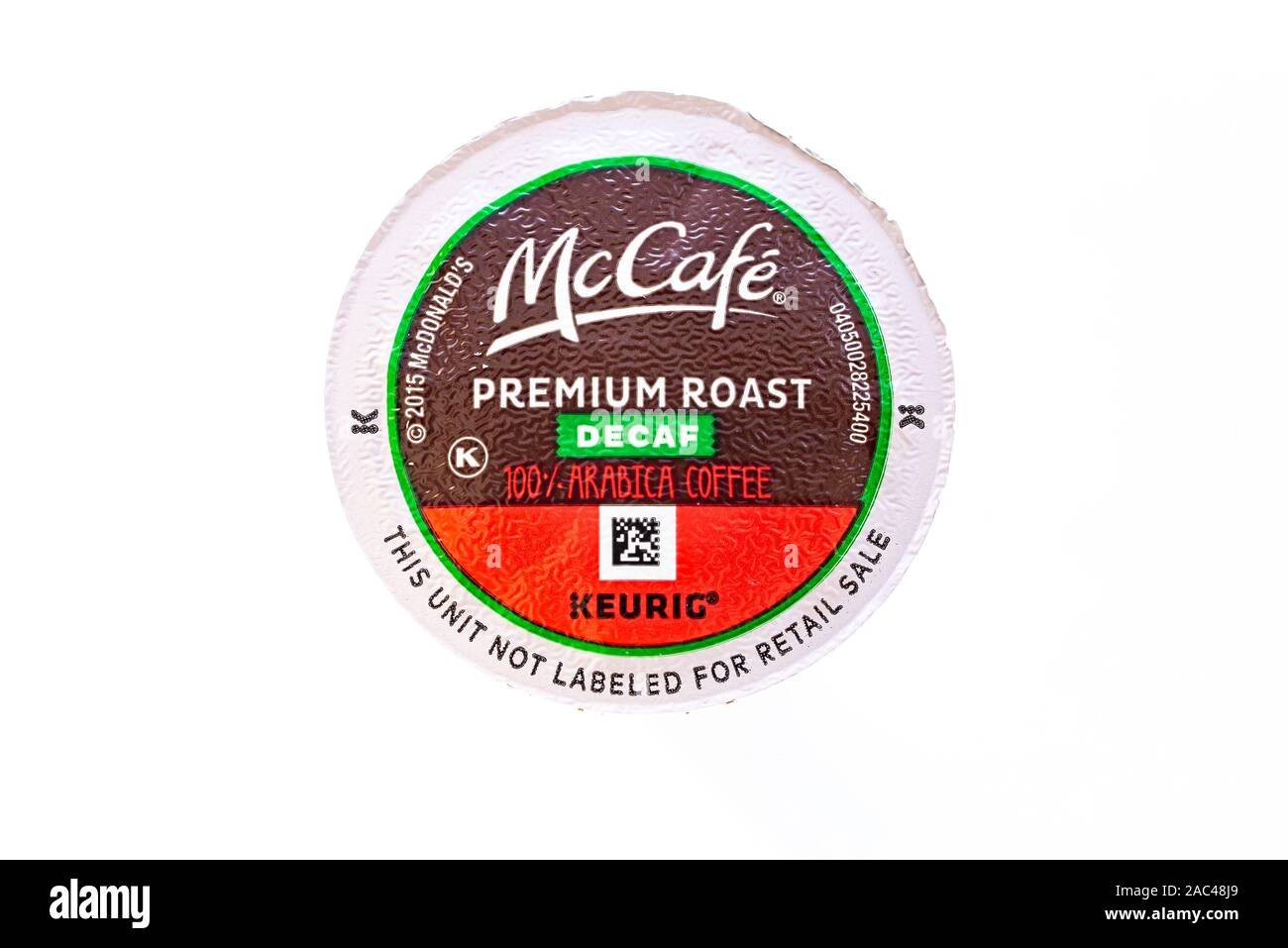Eine Portion K-padhalter von McDonald's McCafe Arabica entkoffeiniert Kaffee für Keurig Brewers. Stockfoto