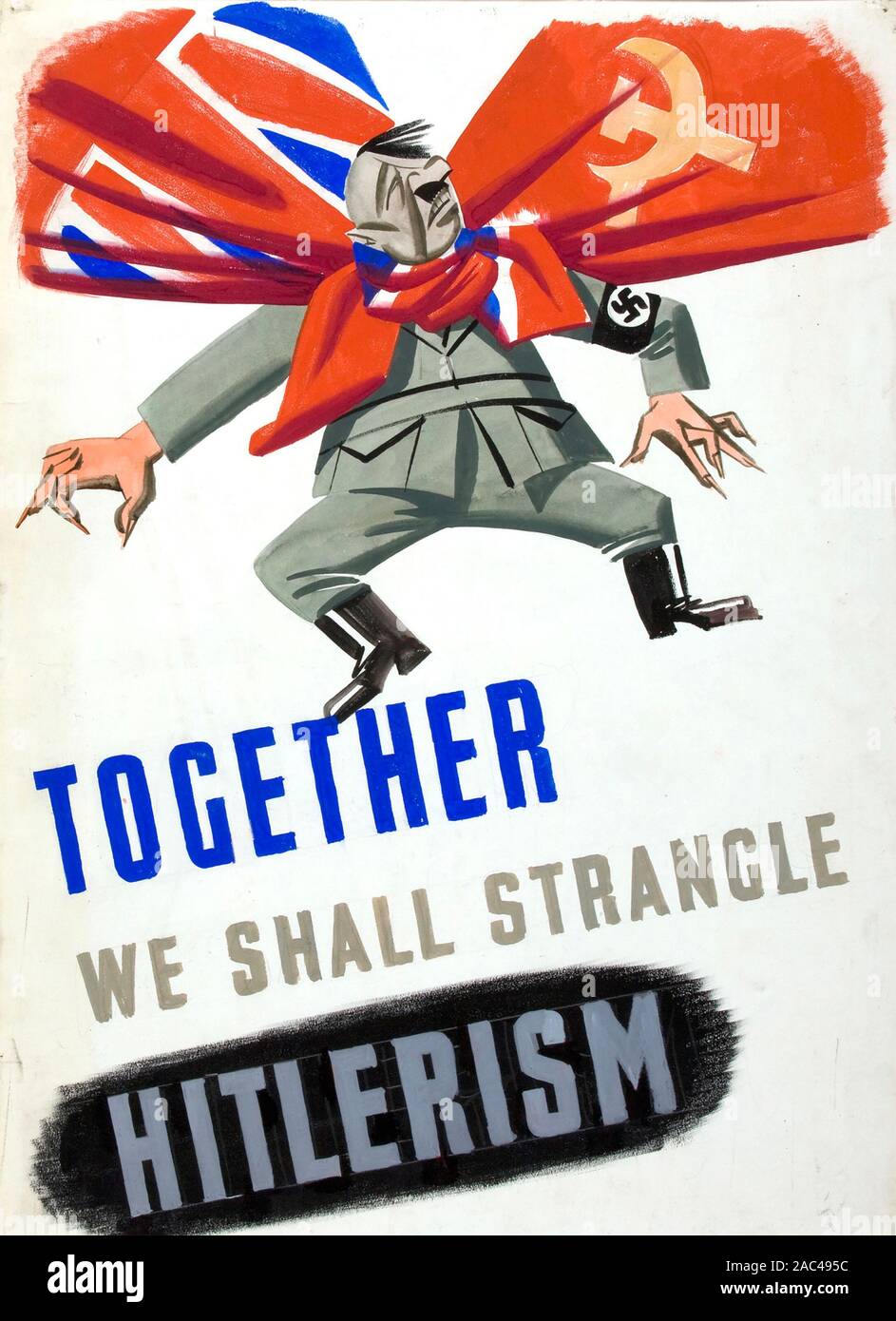 Gemeinsam werden wir STRANGULIEREN HITLERISMUS British WW2 Poster mit britischen und russischen Flaggen einschnüren Hitler Stockfoto