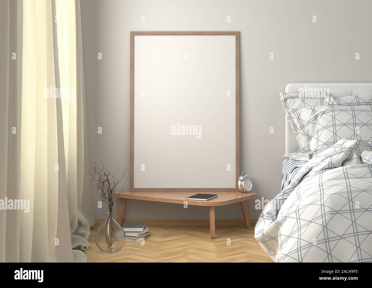 Ein vertikales Poster ist auf dem Nachttisch im Schlafzimmer mit weißer Wand nachempfunden. Beschneidungspfad um das Poster. Stockfoto