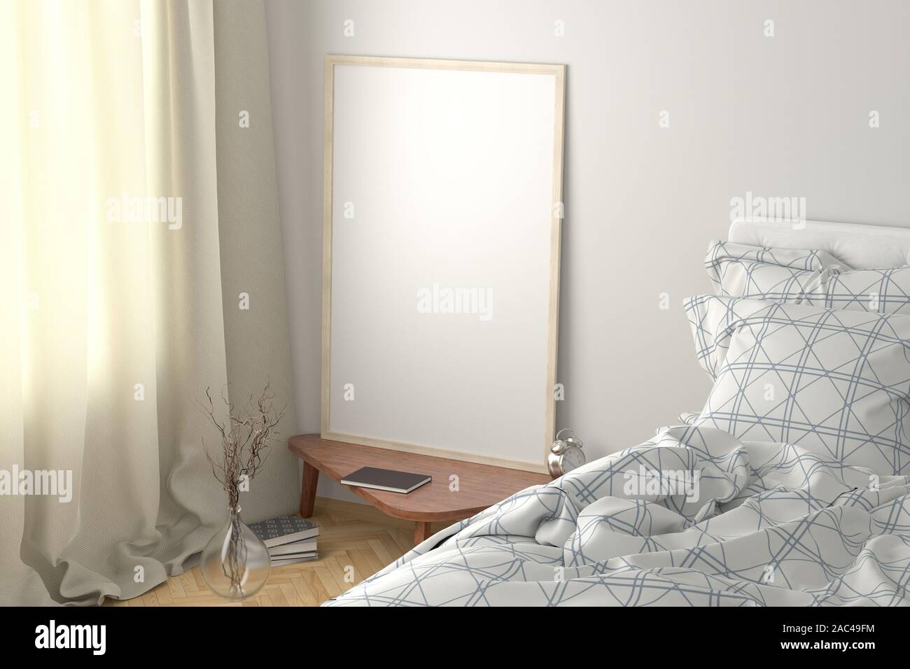 Ein vertikales Poster ist auf dem Nachttisch im Schlafzimmer mit weißer Wand nachempfunden. Beschneidungspfad um das Poster Stockfoto