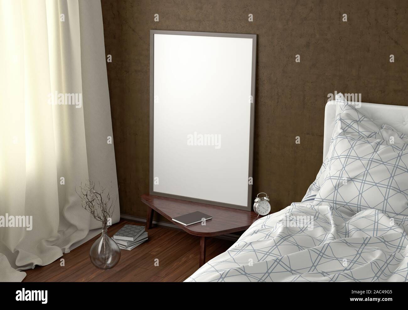 Ein vertikales Poster auf dem Nachttisch im Schlafzimmer mit brauner Wand. Beschneidungspfad um das Poster Stockfoto