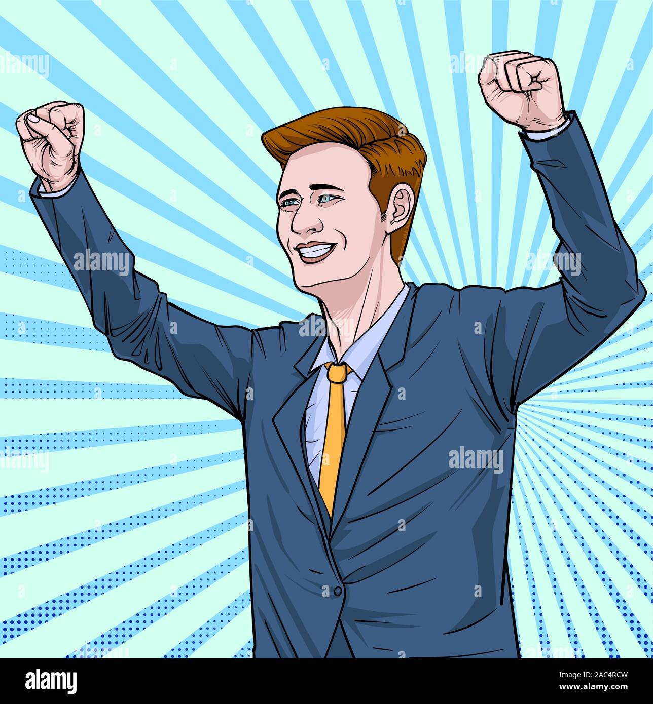 Unternehmer heben die Hände und Illustration Vektor auf Pop Art Comic Stil abstrakte Punkte Hintergrund freuen Stock Vektor