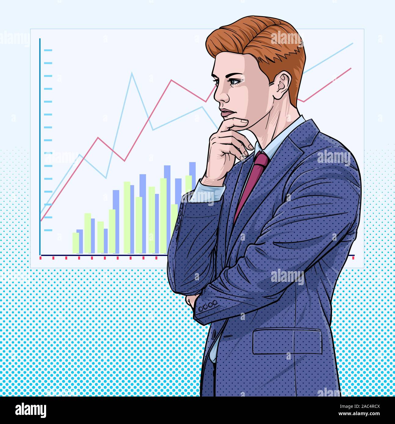 Mann in Anzug Geschäft Leute denken über Börse und Investment Illustration Vektor auf Pop Art Comic style Grafik Board Hintergrund Stock Vektor