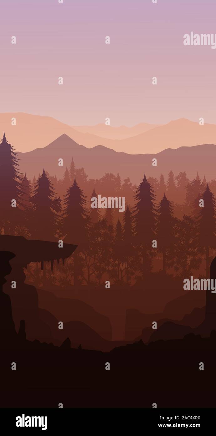 Naturliche Kiefernwald Berge Horizont Landschaft Wallpaper Sonnenaufgang Und Sonnenuntergang Illustration Vektor Stil Bunte Hintergrund Stock Vektorgrafik Alamy