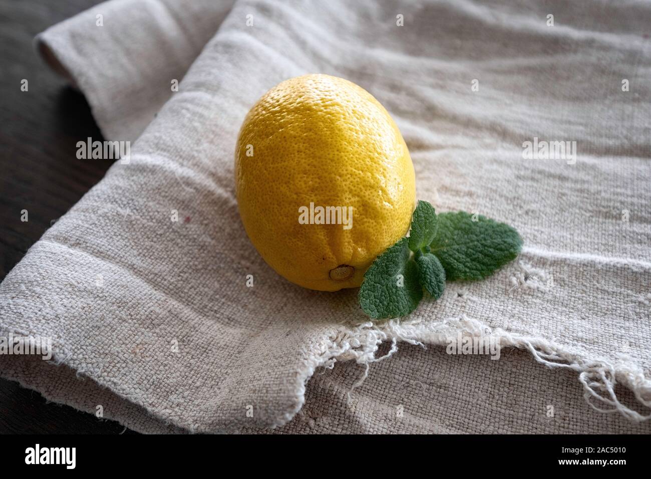 Noch immer leben bestehend aus Zitrone, Minze und vintage Bettwäsche Handtuch. Gesunde und natürliche Tee Zutaten. Kopieren Sie Platz. Stockfoto