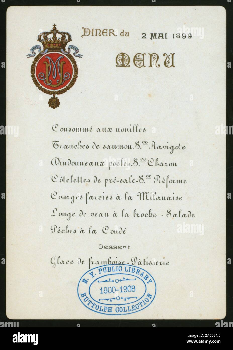 HOME ABENDESSEN (Besitz) König Umberto und Königin Margherita (at) Palazzo del Quirinale, ROM, ITALIEN (für;) Französisch; WAPPEN IN ROT UND GOLD; NOTATION VON FNB; zu Hause Abendessen [von] König Umberto und Königin Margherita [bei] Palazzo del Quirinale, ROM, ITALIEN (für;) Stockfoto