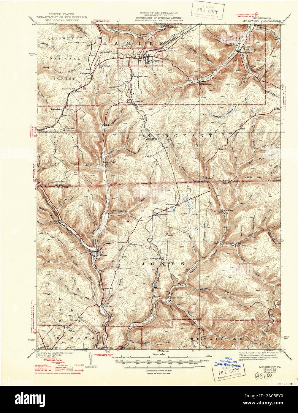 USGS TOPO Karte Pennsylvania PA Mt Jewett 171666 1940 62.500 Wiederherstellung Stockfoto