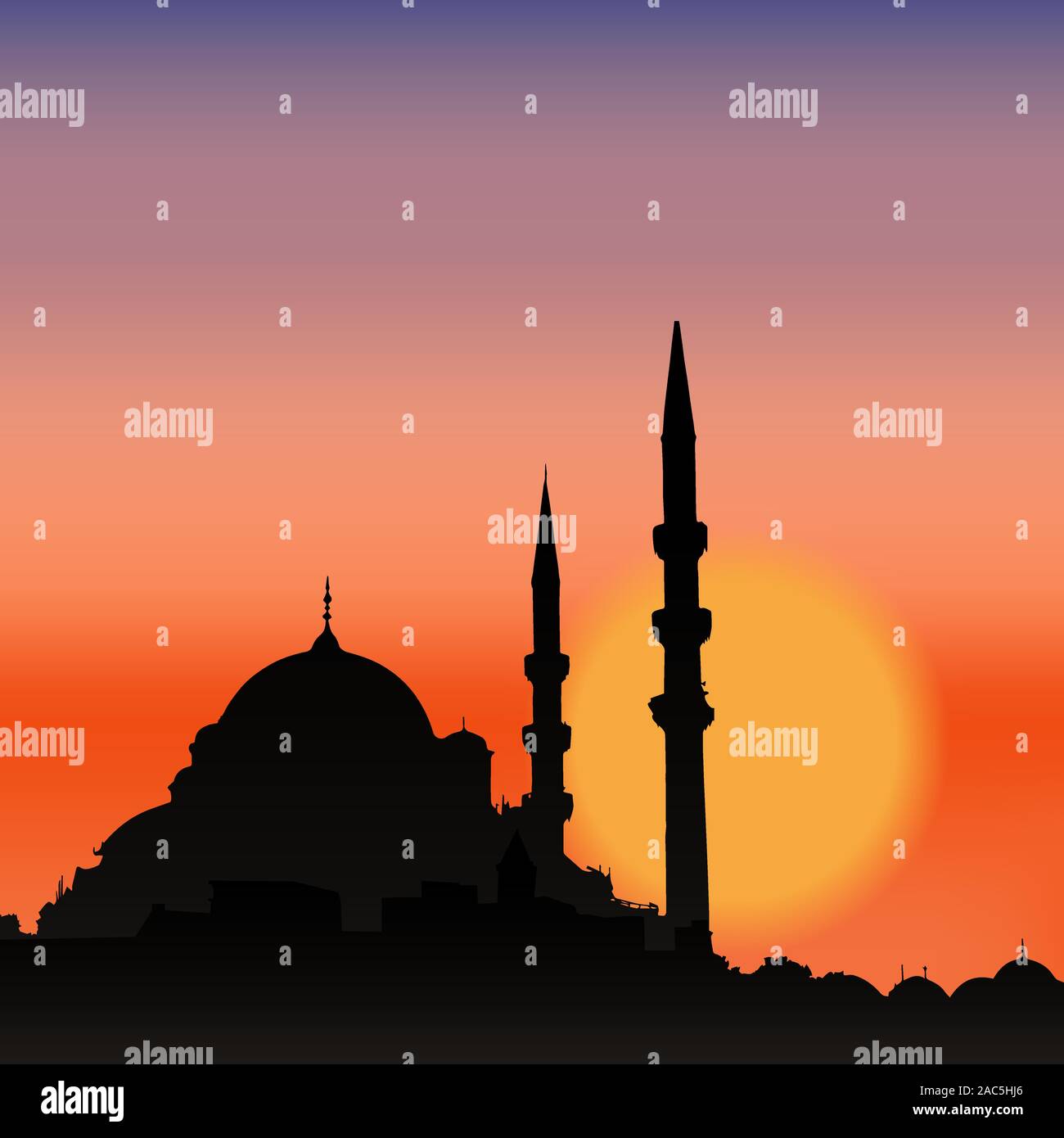 Moschee Silhouette in den Sonnenuntergang. Schöne Nacht Landschaft Stock Vektor