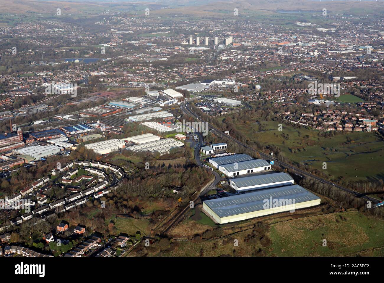 Luftaufnahme von Crown Business Park, Cowm Top Lane, Rochdale, Greater Manchester Stockfoto