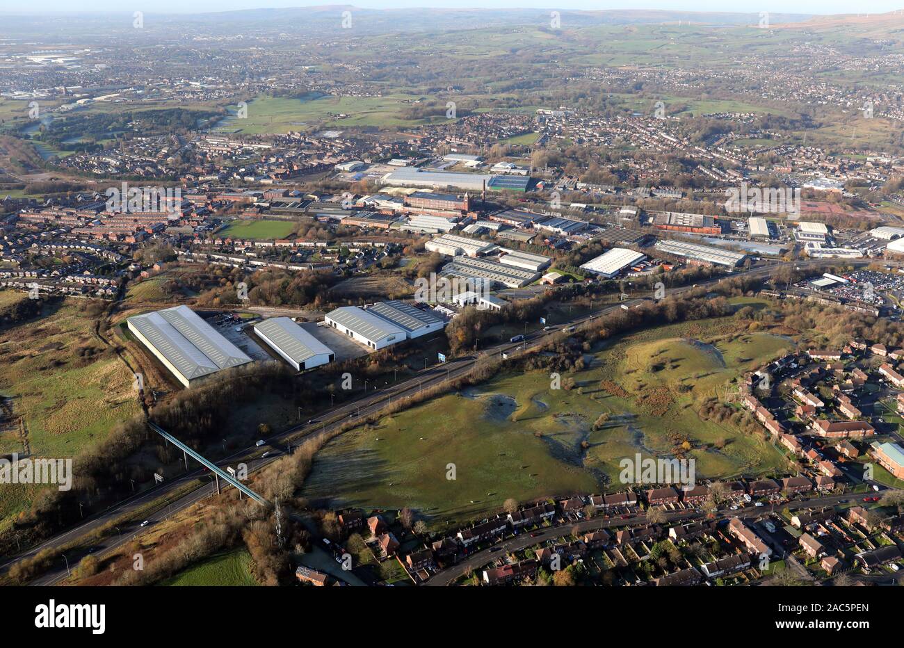 Luftaufnahme von Crown Business Park, Cowm Top Lane, Rochdale, Greater Manchester Stockfoto