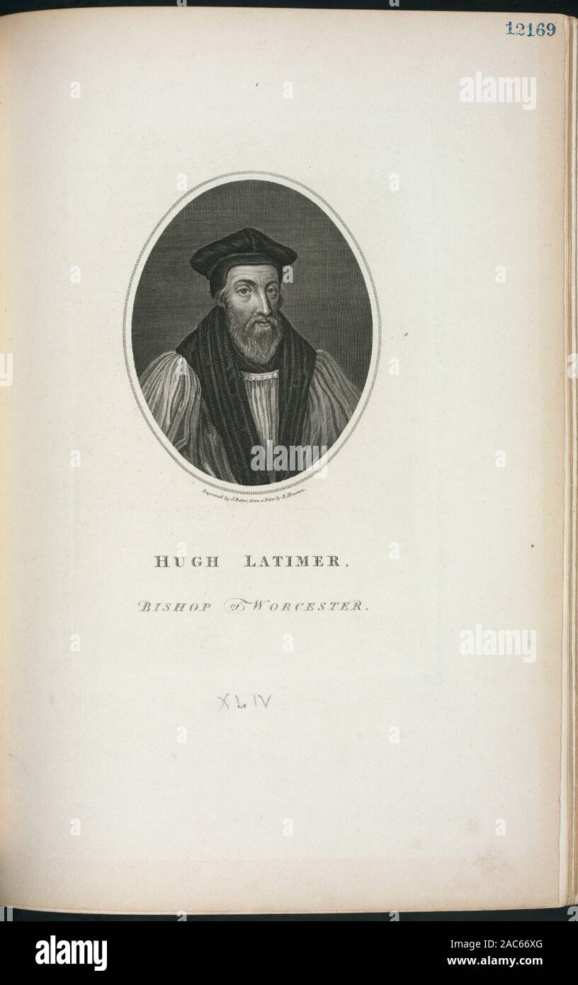 Hugh Latimer, Bischof von Worchester, Illustriert von Thomas Addis Emmet, 1880. Band 2 besteht aus Seiten 1-99 von 1865, quarto, Ausgabe der Arbeit, Band 3, Seiten 99-213, Band 5, Seiten 303-400. EM10980 gestochen von J. Baker von a Drucken von R. HoustenHugh Latimer, Bischof von worchester. Stockfoto