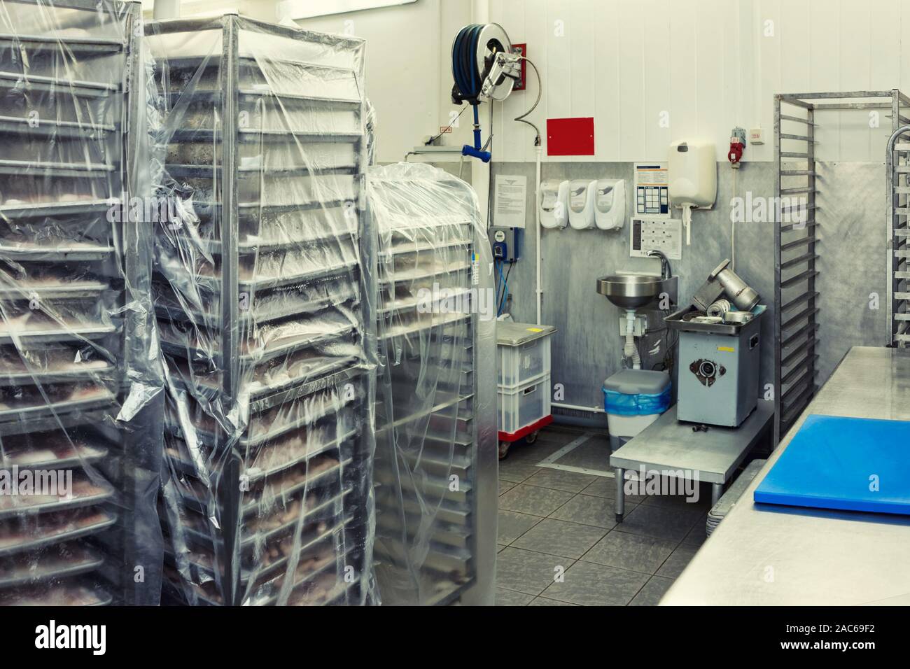 Food processing Anlagen Lagerraum mit Hordenwagen und Händewaschen, getönt Stockfoto